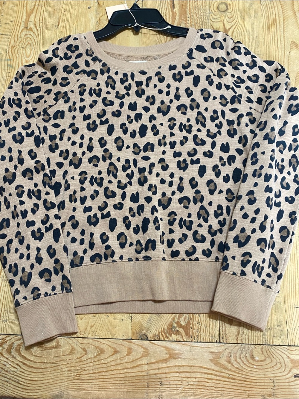 J. Crew Taupe Crewneck Sweater with Black Leopard Print